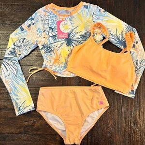 Ruffle Butts Birds of Paradise Peach & Floral 3-Piece Girls Swim Set